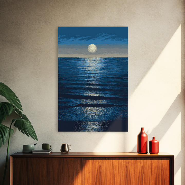 Moonlit Ocean Reflection Framed Canvas Print, Blue Wall Art, Modern Seascape Poster, Coastal Living Room And Bedroom Decor