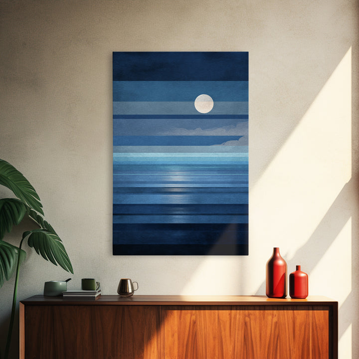 Minimalist Blue Moon Seascape Wall Art, Modern Abstract Ocean Print, Coastal Bedroom Decor, Large Canvas Print For Living Room