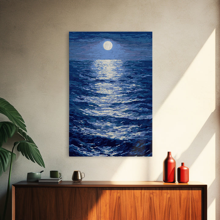 Textured Moonlit Waves Canvas Print, Blue Wall Art, Coastal Seascape Painting, Modern Living Room Decor, Ocean Art Print