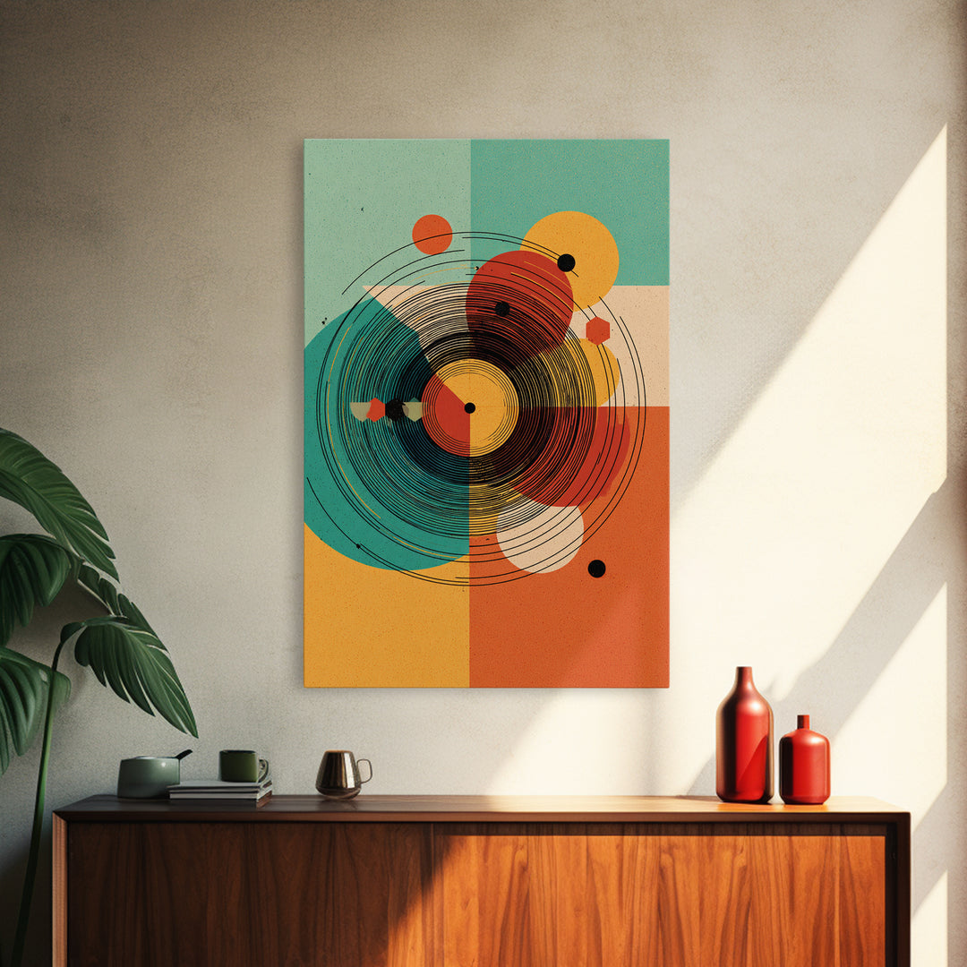 Concentric Circle Abstract Canvas Print, Midcentury Modern Wall Art, Teal Orange Bauhaus Poster, Retro Geometric Home Decor