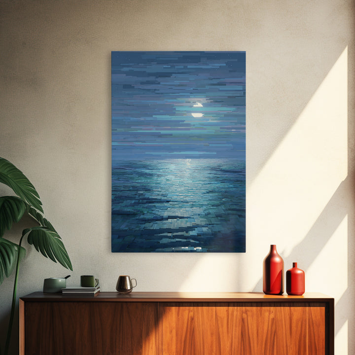 Pixelated Moon Over Calm Sea Wall Art, Modern Digital Art, Blue Coastal Canvas Print, Abstract Seascape Living Room Decor