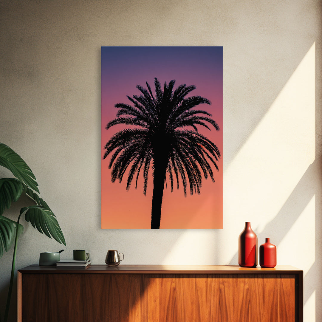 Black Palm Silhouette At Purple Orange Sunset Wall Art, Retro Tropical Poster, Palm Springs Decor, Coastal Home Decor Print