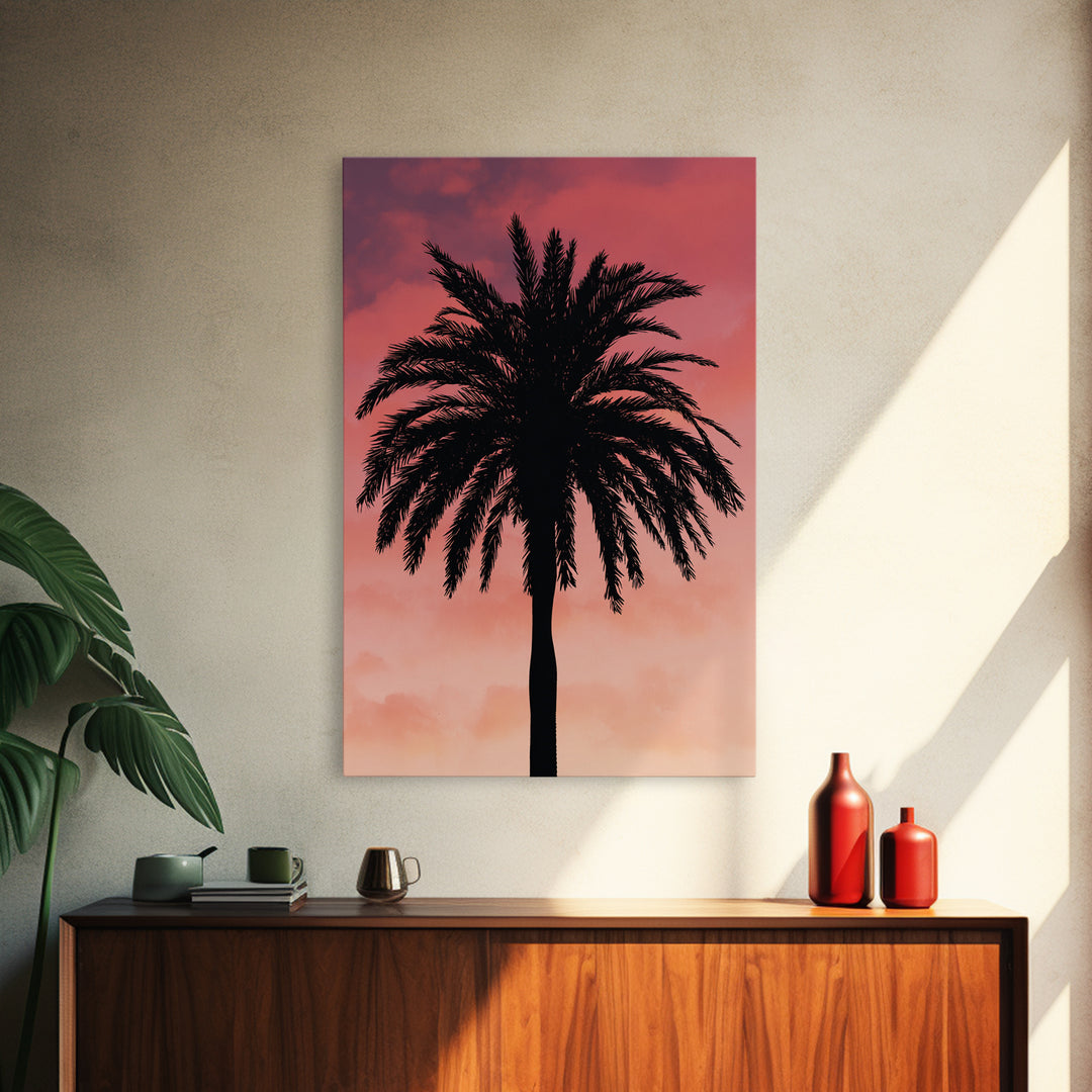 Cloudy Coral Palm Silhouette Sunset Canvas Print, Retro Tropical Wall Decor, Palm Springs Poster, Coastal Bedroom Art Print