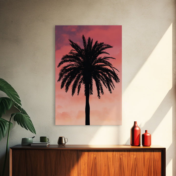 Cloudy Coral Palm Silhouette Sunset Canvas Print, Retro Tropical Wall Decor, Palm Springs Poster, Coastal Bedroom Art Print