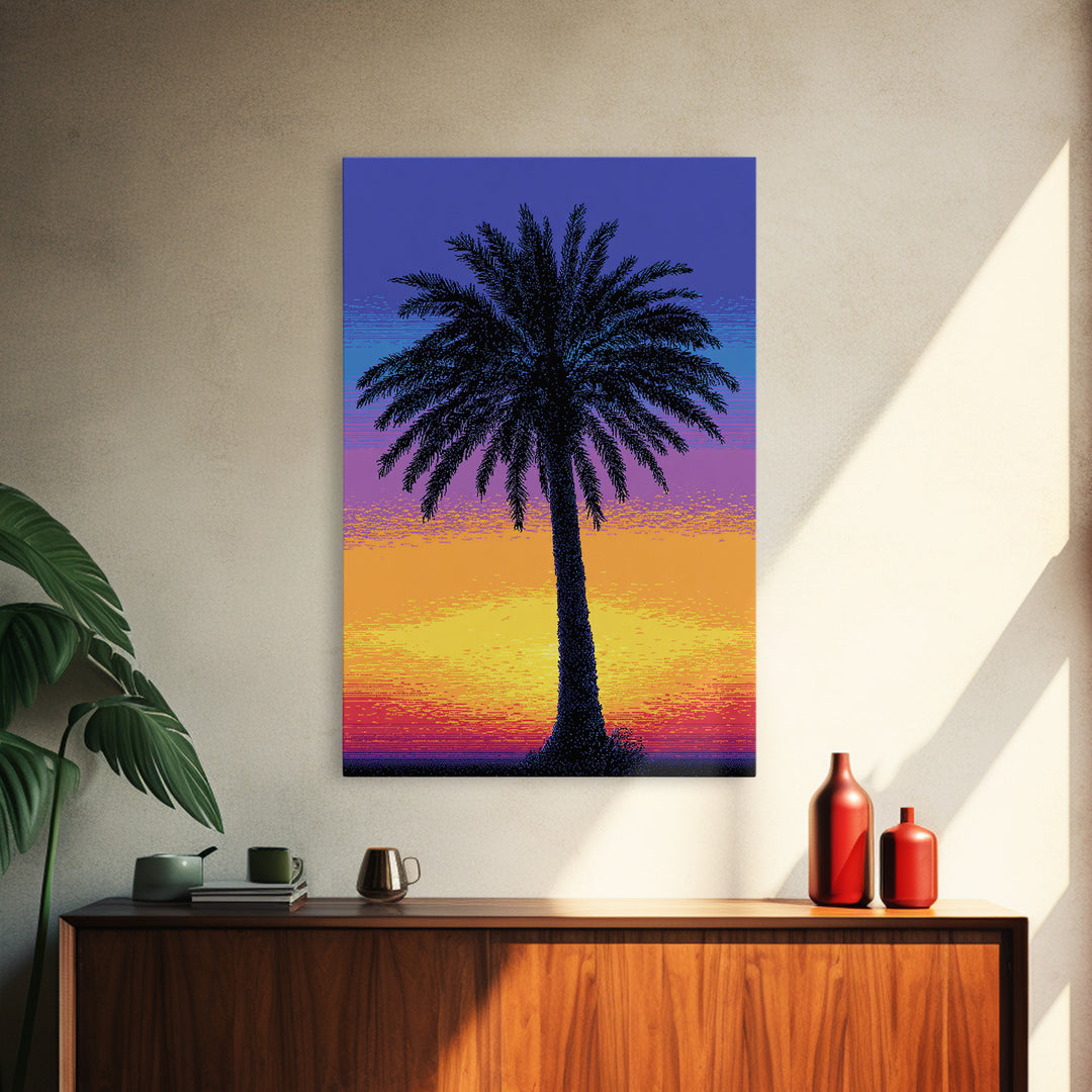 Pixel Palm Tree Against Blue Yellow Sunset Wall Art, Retro Digital Poster, Tropical MCM Wall Decor, Colorful Coastal Print