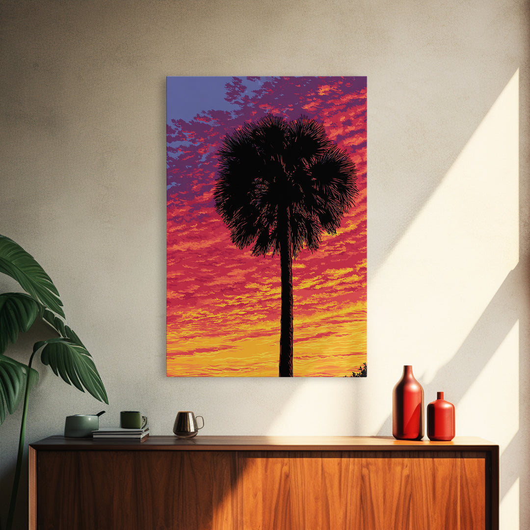 Fiery Palmetto Silhouette In Magenta Sunset Wall Art, Retro Tropical Poster, Palm Springs Decor, Bold Coastal Art Print Gift