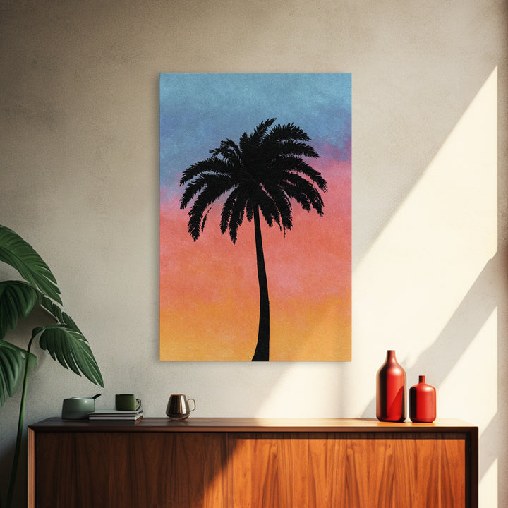 Textured Palm Silhouette With Coral Blue Sky Canvas Print, Retro Tropical Wall Decor, Palm Springs Style, Coastal Art Print