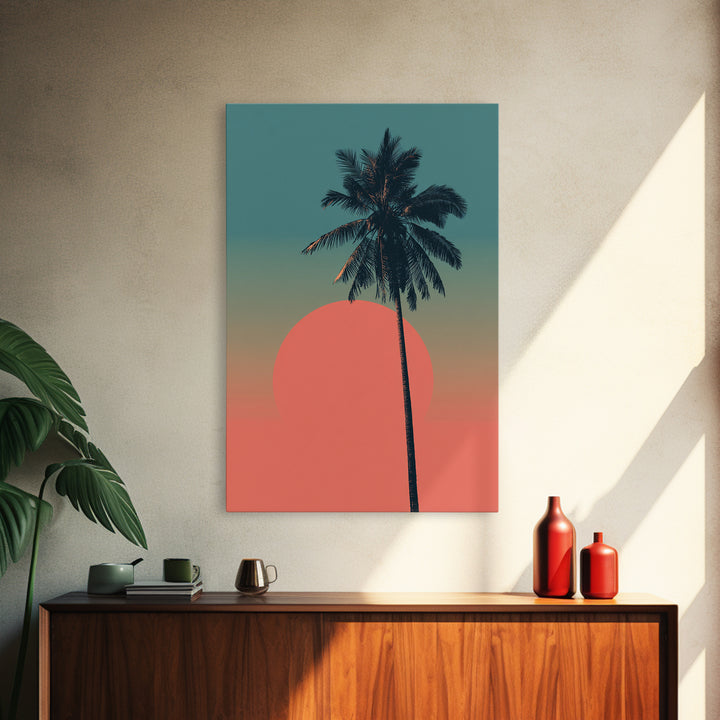 Minimal Palm Tree With Coral Sun Canvas Print, Retro Tropical Poster, Palm Springs Decor, Mid Century Modern Wall Art Print