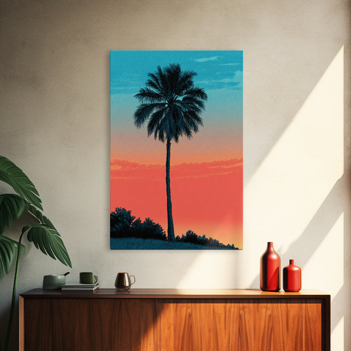 Tall Palm Silhouette In Turquoise Coral Sunset Wall Art, Retro Tropical Poster, Palm Springs Decor, Coastal Home Art Print