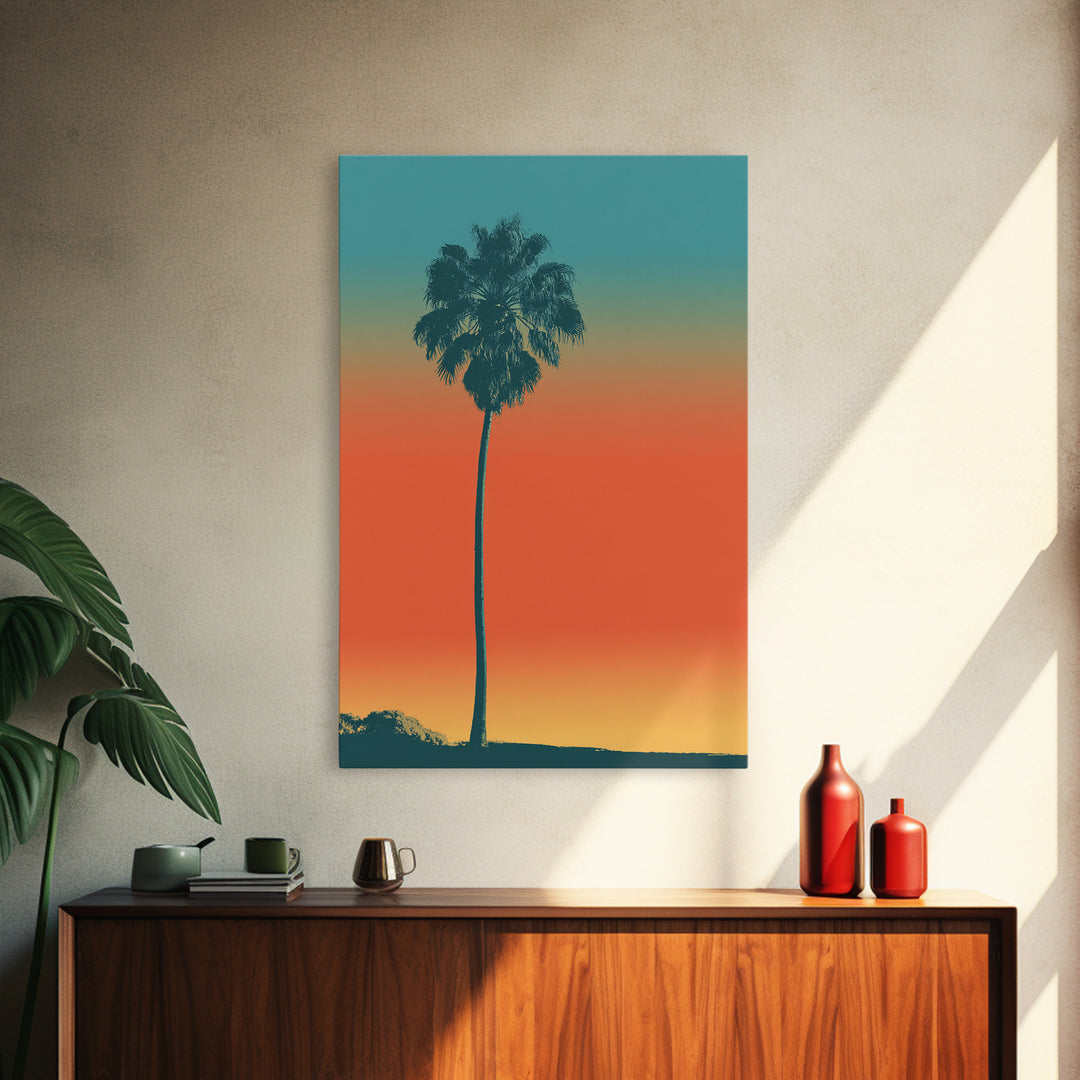 Lone Palm Tree On Orange Teal Horizon Canvas Print, Minimal Retro Tropical Poster, Palm Springs Decor, Coastal Wall Art Print