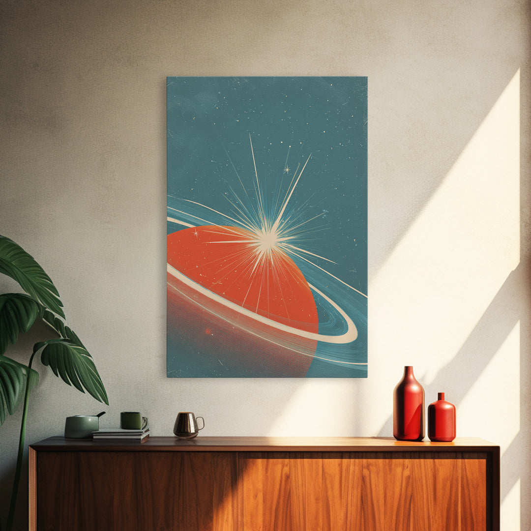 Retro Ringed Planet With Starburst Framed Canvas Print, Mid Century Modern Wall Art, Space Abstract Poster, Sci Fi Decor