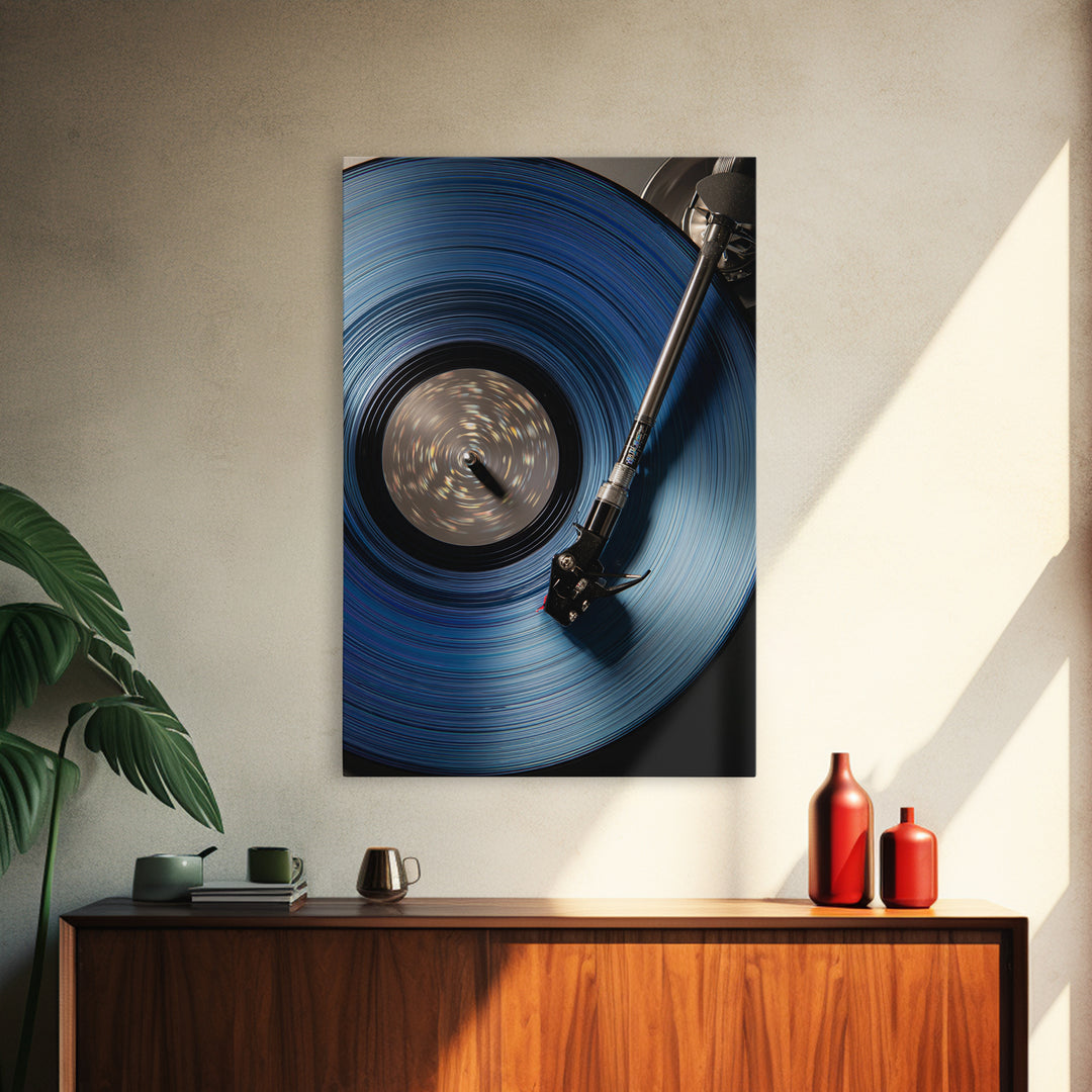 Blue Vinyl Record Canvas Print, Modern Wall Art For Music Lovers, Retro Turntable Poster, Moody Home Office Decor Gift For Him