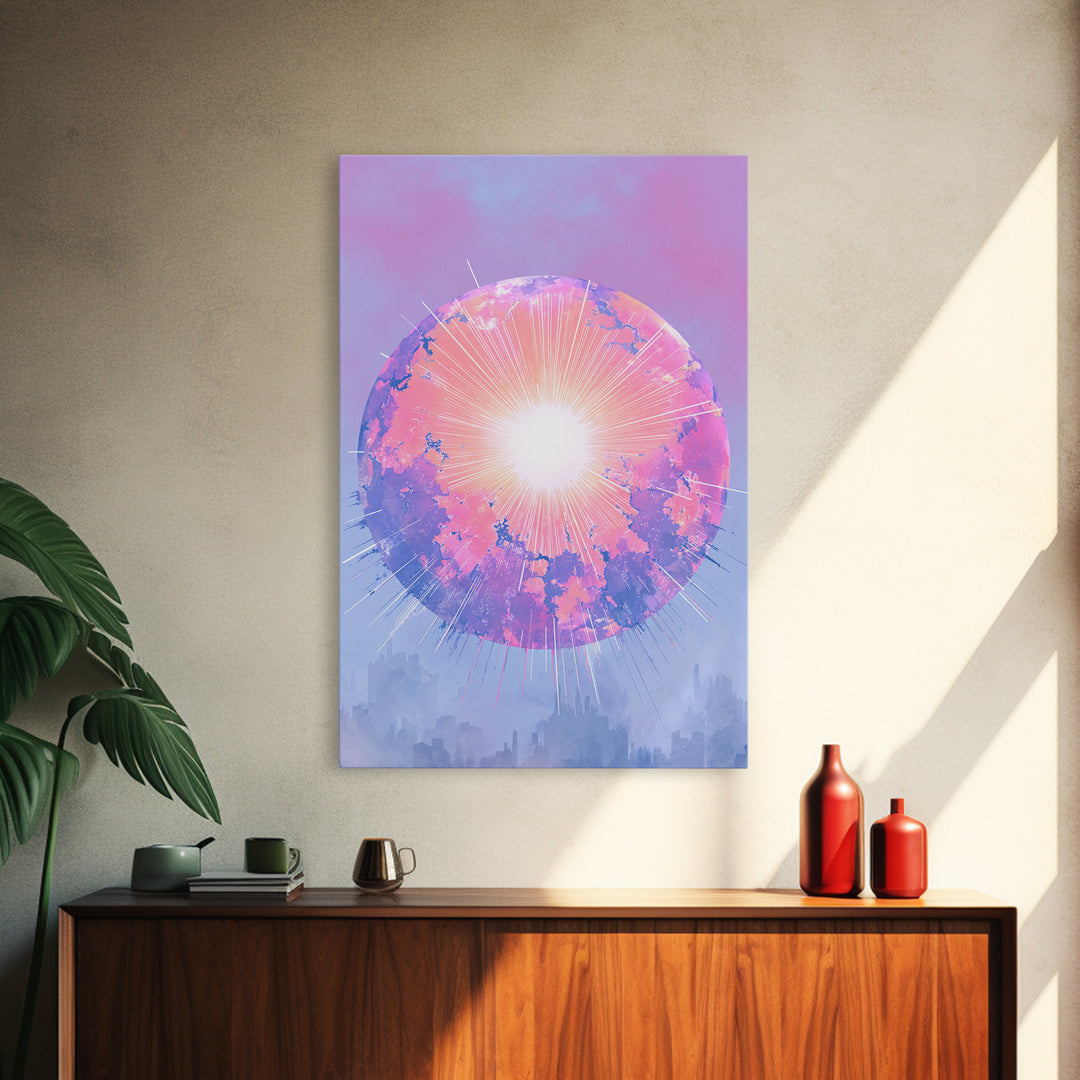 Pink Glowing Planet Over Skyline Wall Art, Pastel Sci Fi Poster, Modern Art Print, Dreamy Space Decor, Retro Galaxy Gift