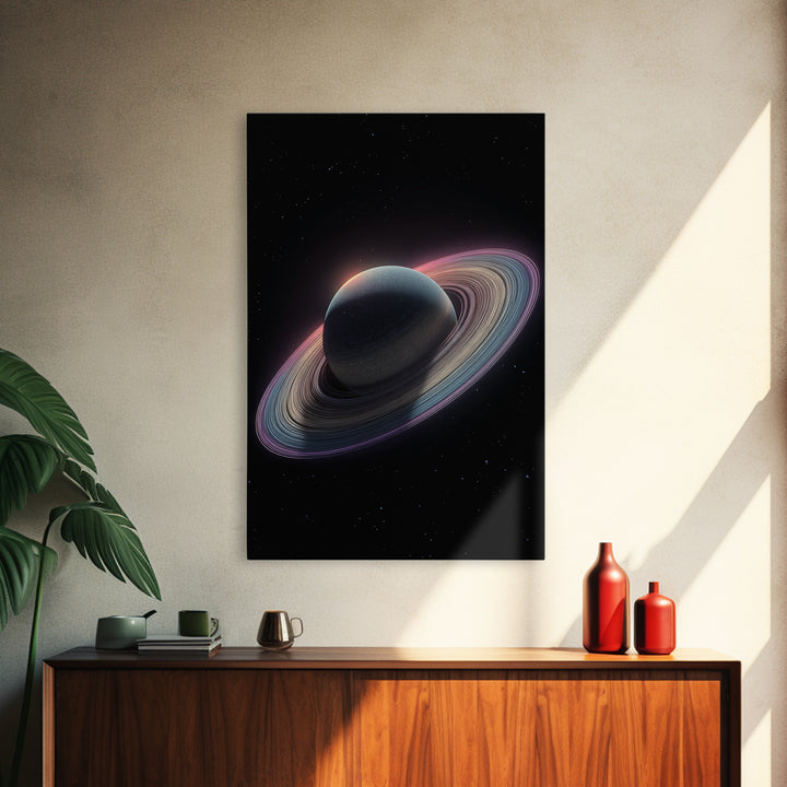 Dark Saturn With Iridescent Rings Wall Art, Realistic Sci Fi Space Poster, Modern Art Print, Cosmic Retro Home Decor Gift