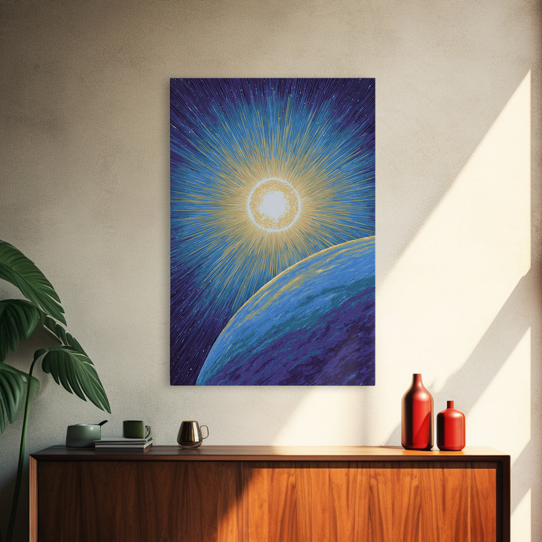 Radiant Sun Above Blue Planet Canvas Print, Retro Sci Fi Space Poster, Modern Wall Art, Midcentury Cosmic Home Decor Gift