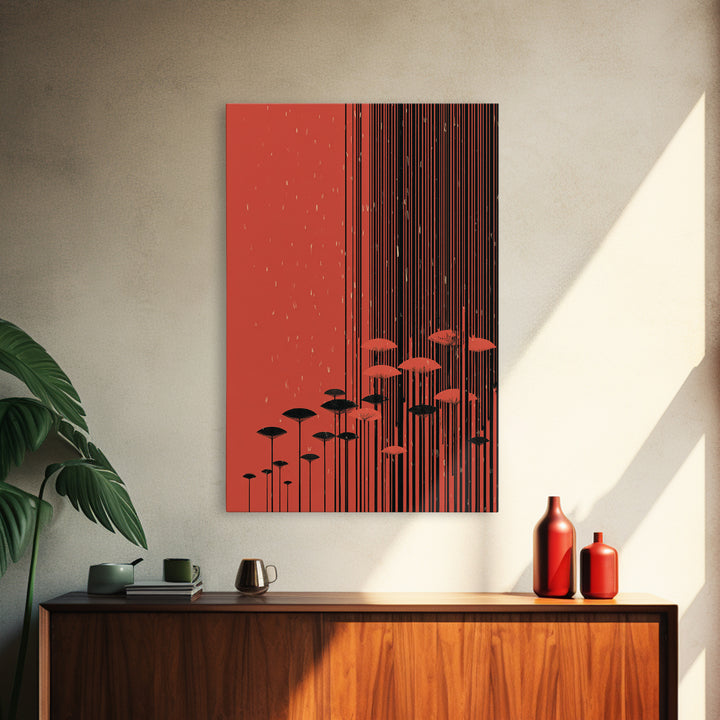 Red Abstract Rain Umbrella Wall Art, Midcentury Modern Art Print, Japanese Poster Style, Geometric Retro Home Decor Gift