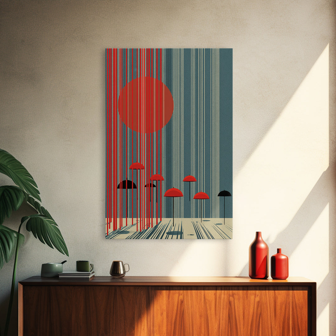 Teal Red Sun And Rain Umbrellas Canvas Print, Midcentury Modern Wall Art, Geometric Japanese Poster, Retro Decor Gift Idea