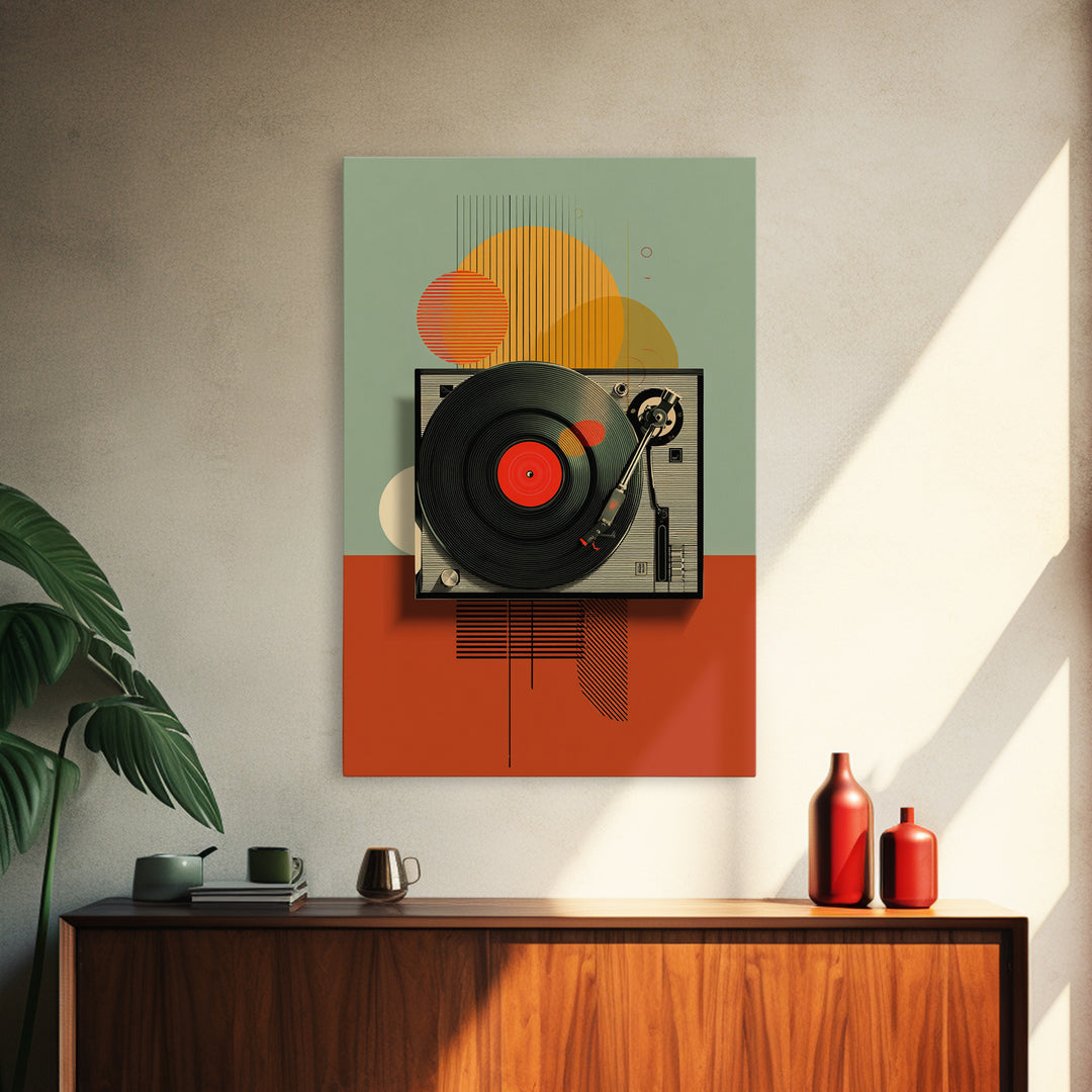 Retro Turntable Sun Shapes Framed Canvas Print, Midcentury Modern Wall Art, Orange Green Music Room Decor Poster For Vinyl Lovers