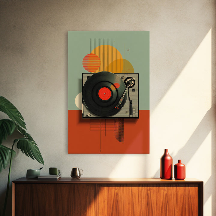 Retro Turntable Sun Shapes Framed Canvas Print, Midcentury Modern Wall Art, Orange Green Music Room Decor Poster For Vinyl Lovers