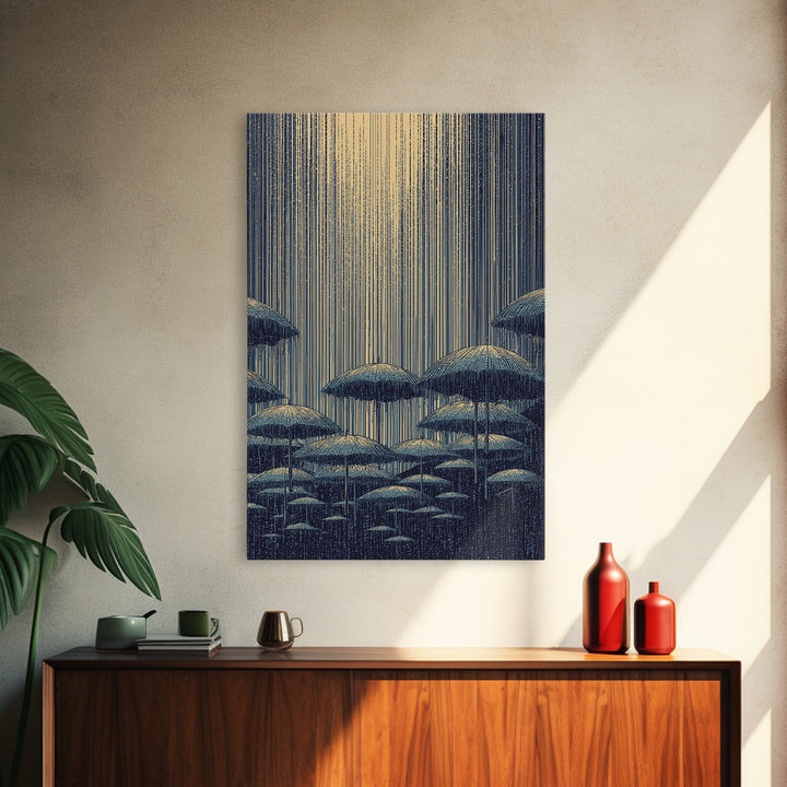 Blue Rainy Umbrella Moonlight Wall Art, Midcentury Modern Art Print, Japanese Poster Style, Retro Scenic Home Decor Gift