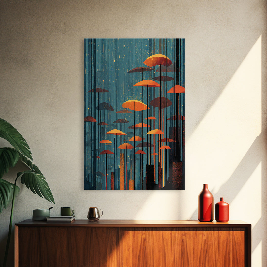 Rainy Teal Forest With Orange Umbrella Mushrooms Wall Art, Midcentury Modern Art Print, Retro Mcm Decor, Surreal Nature Poster