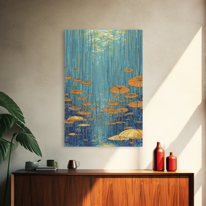 Golden Parasol Mushrooms In Blue Rain Canvas Print, Midcentury Modern Wall Art, Retro Botanical Decor, Colorful Nature Poster