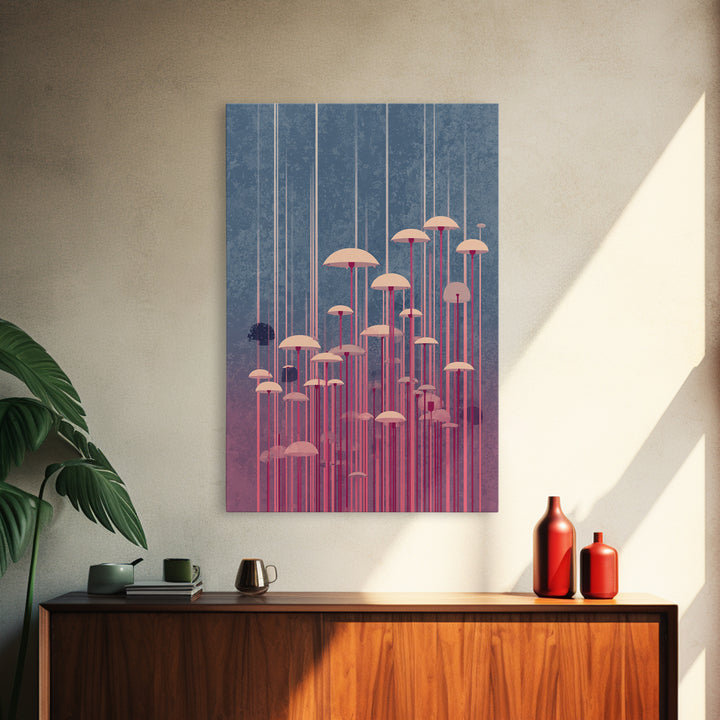 Pastel Pink Umbrella Forest In Mist Framed Canvas Print, Midcentury Modern Wall Art, Retro Mcm Decor, Dreamy Abstract Poster