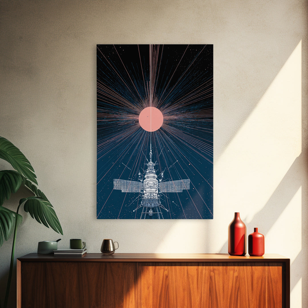 Satellite Under Pink Cosmic Sun Wall Art, Midcentury Modern Sci Fi Poster, Space Abstract Art, Retro Futurism Decor Print