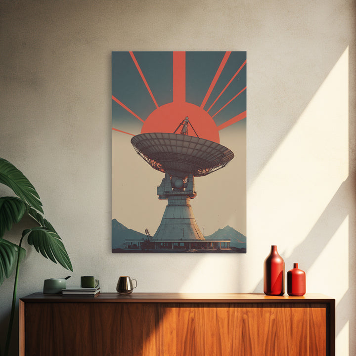 Mountain Radio Telescope With Red Sunbeams Framed Canvas Print, Midcentury Modern Wall Art, Retro Space Poster, Mcm Decor