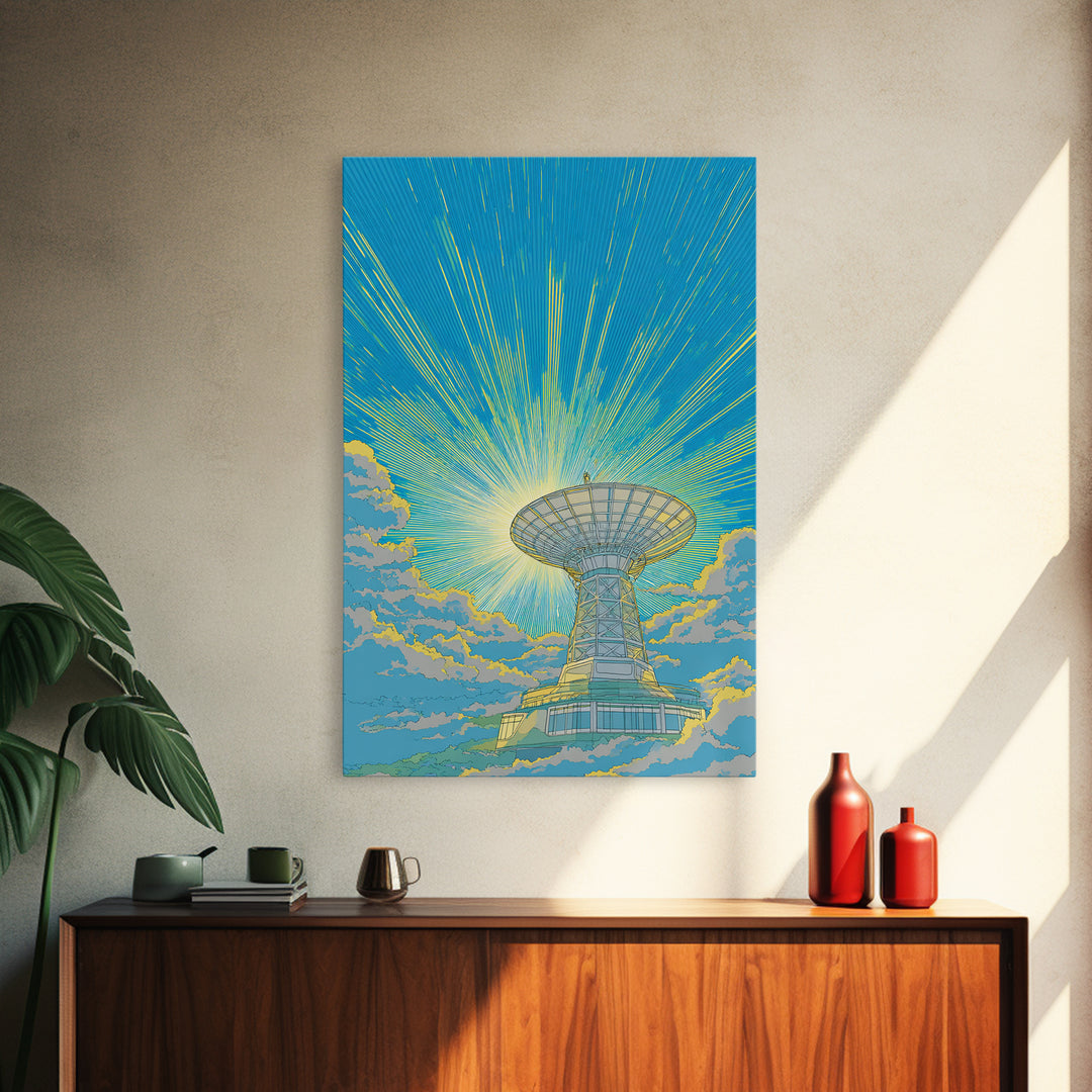 Bright Sky Satellite Dish With Neon Rays Canvas Print, Midcentury Modern Wall Art, Retro Space Poster, Colorful Office Decor