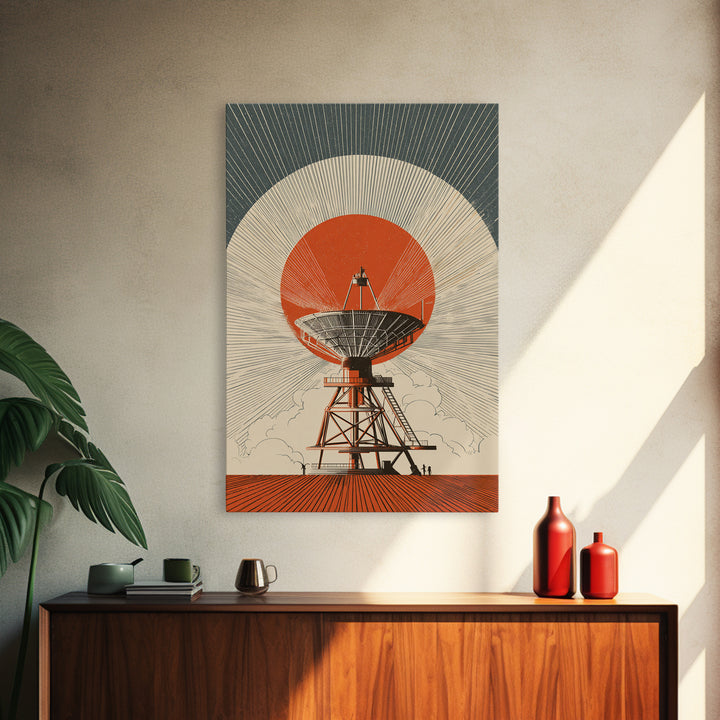 Orange Eclipse Radio Telescope In Desert Wall Art, Midcentury Modern Space Poster, Retro Futurism Decor, Geometric Art Print
