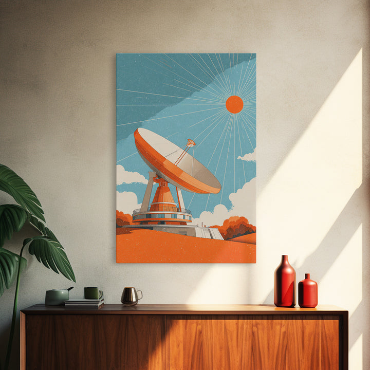 Orange Satellite Dish Under Blue Sun Canvas Print, Midcentury Modern Wall Art, Retro Space Poster, Atomic Mcm Office Decor