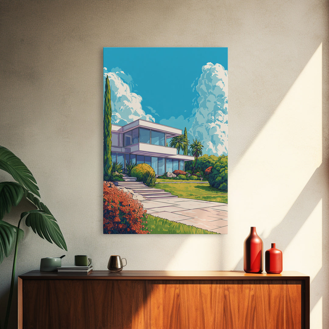 Palm Springs Modernist House Canvas Print, Mid Century Architecture Wall Decor, Retro Travel Poster, Colorful MCM Home Art