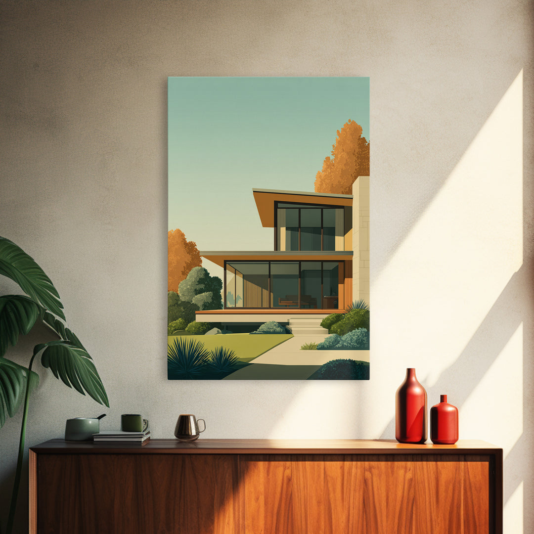 Warm Mid Century Modern House Framed Canvas Print, Architectural Wall Decor, MCM Home Artwork, Minimalist Retro Poster Prints