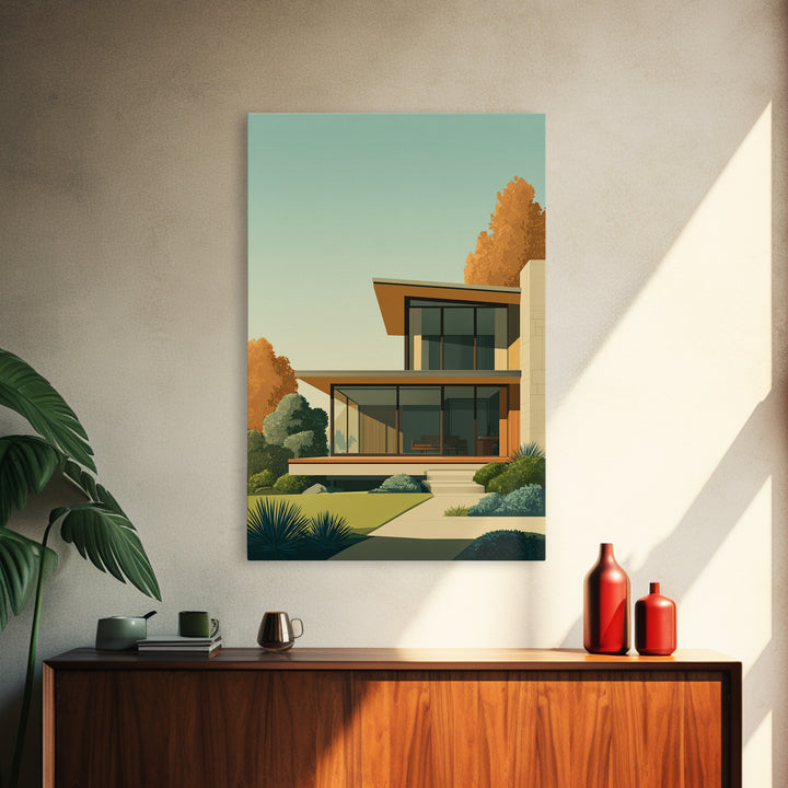 Warm Mid Century Modern House Framed Canvas Print, Architectural Wall Decor, MCM Home Artwork, Minimalist Retro Poster Prints