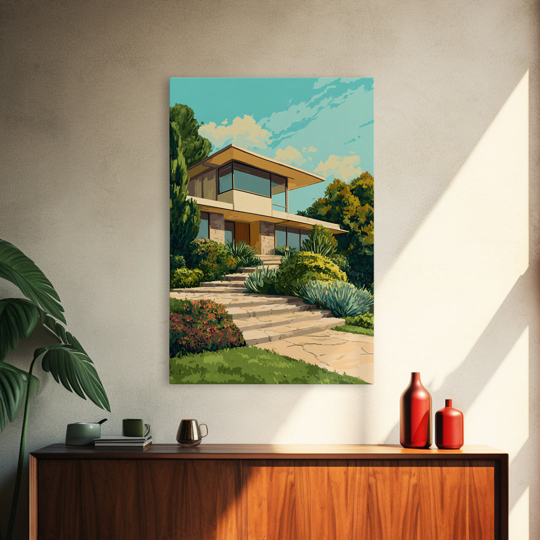 Lush Mid Century Modern House Canvas Print, Architectural Garden Wall Decor, MCM Landscape Poster, Retro Home Office Art