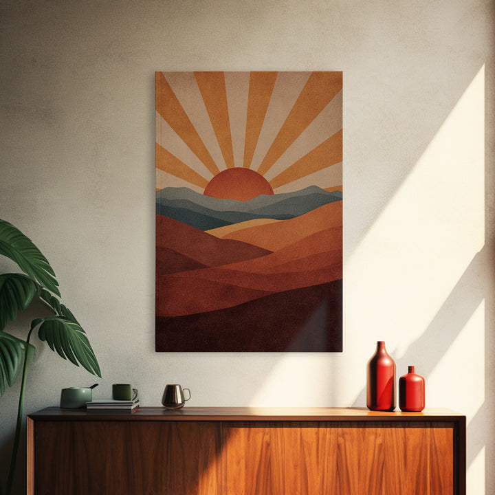 Retro Desert Sunrise Wall Art, Mid Century Sun Poster, Burnt Orange Landscape Print, Southwestern Decor, Boho MCM Art Gift