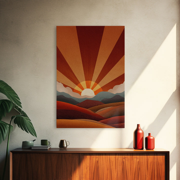 Burnt Orange Sunrise Wall Art, Retro Mountain Landscape Poster, Mid Century Sun Print, Warm Desert Decor, Boho MCM Art Gift