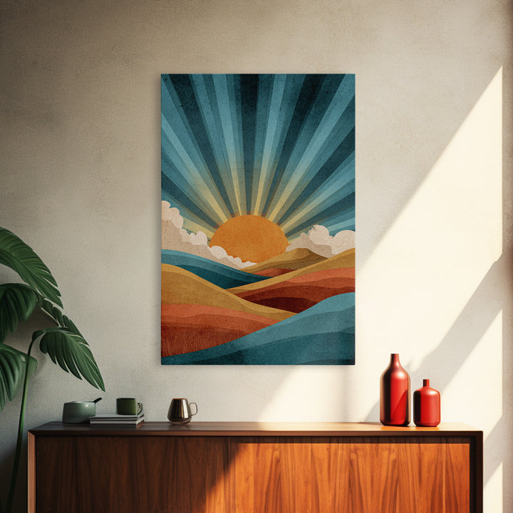 Teal Orange Sunrise Canvas Print, Retro Desert Mountain Wall Decor, Mid Century Sun Art, Boho Abstract Landscape Poster Print