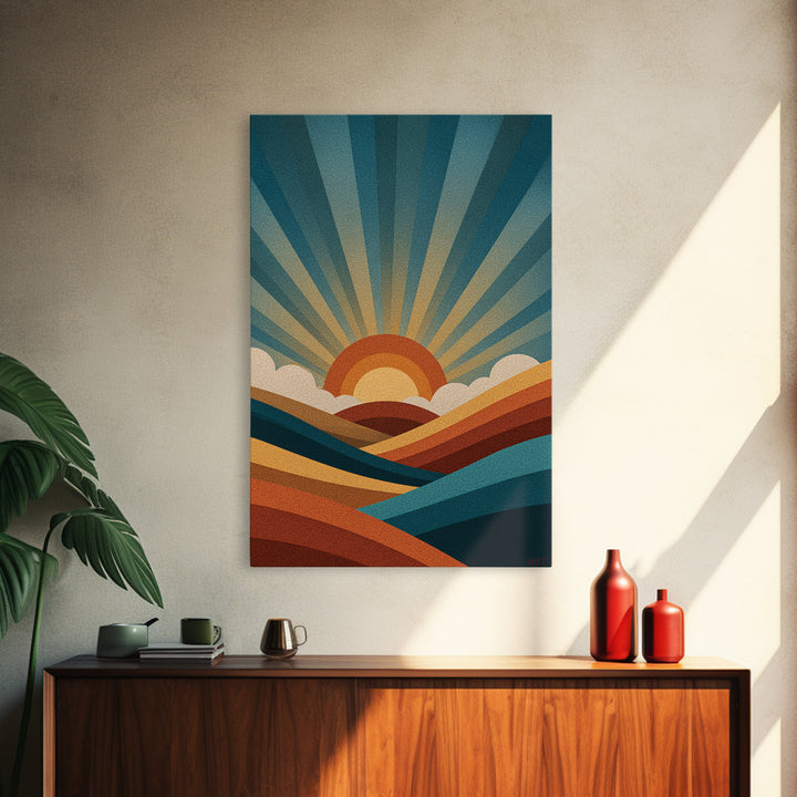 Geometric Sunrise Wall Art, Retro Rainbow Mountain Poster, Mid Century Sun Print, Colorful Abstract MCM Home Decor Gift Idea