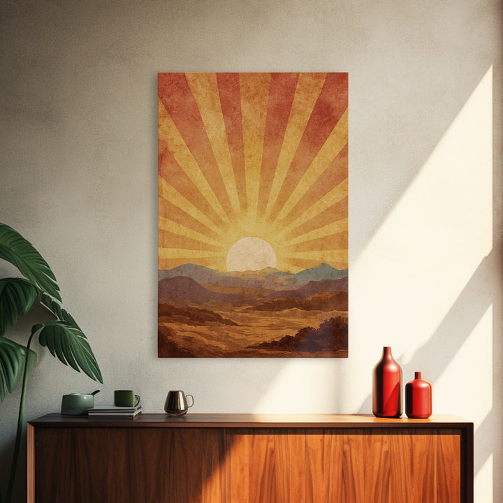 Radiant Desert Sunrise Mountains Wall Art, Mid Century Modern Poster, Retro Orange Landscape Print, Southwestern Living Room Decor
