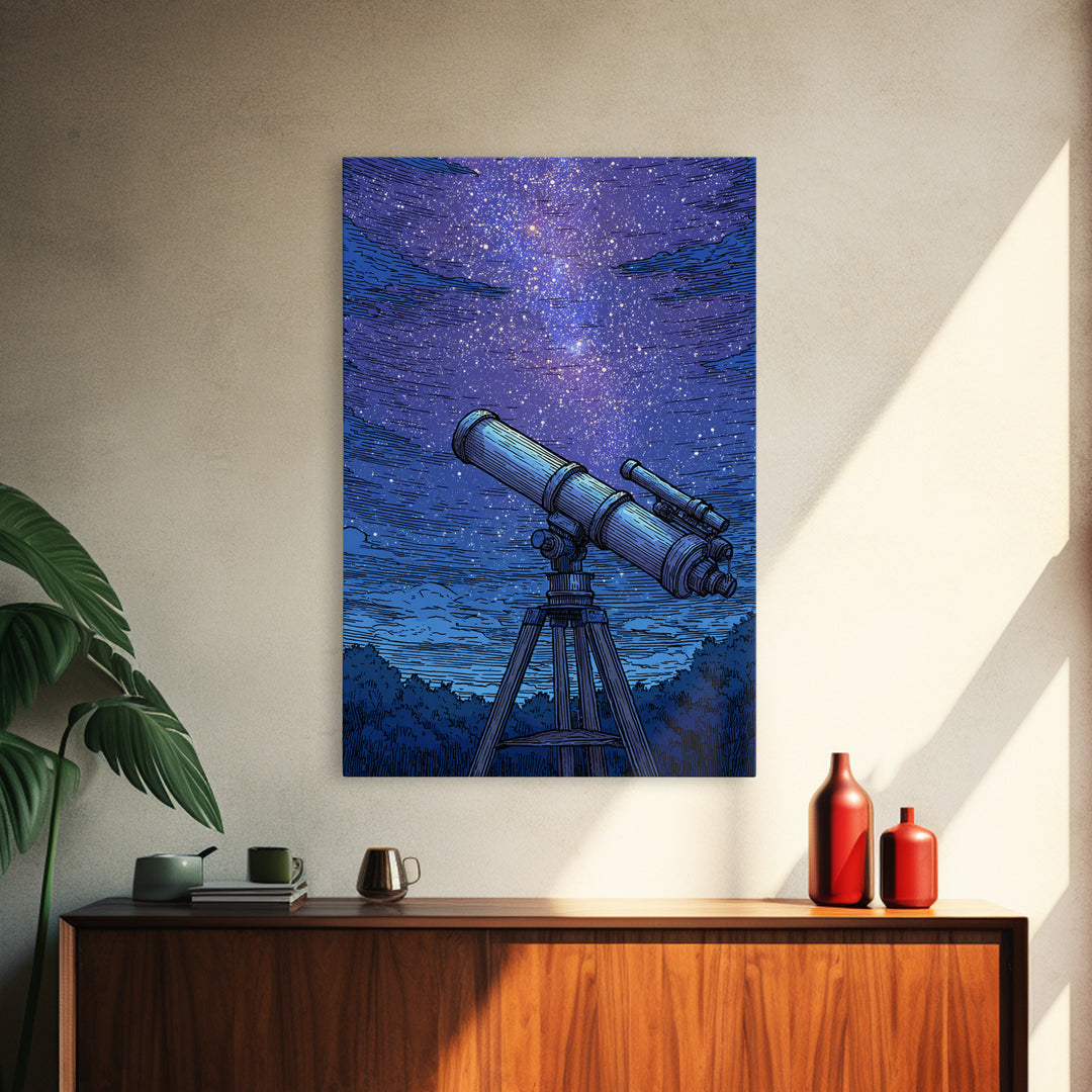 Blue Starry Telescope Wall Art, Mid Century Modern Space Poster, Astronomy Print, Night Sky Decor For Office And Dorm Room