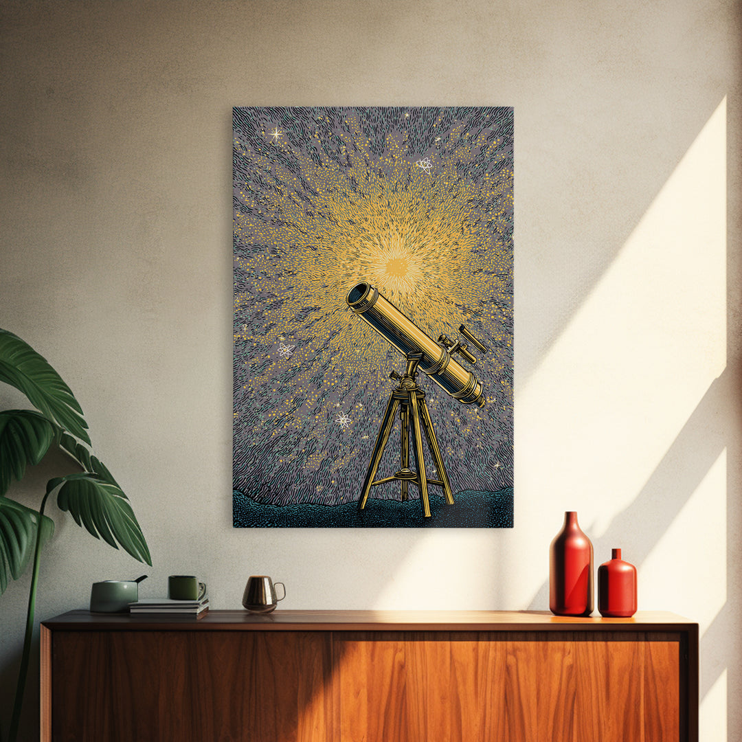 Golden Starburst Telescope Canvas Print, Mid Century Modern Astronomy Poster, Retro Space Wall Decor, Statement Office Art