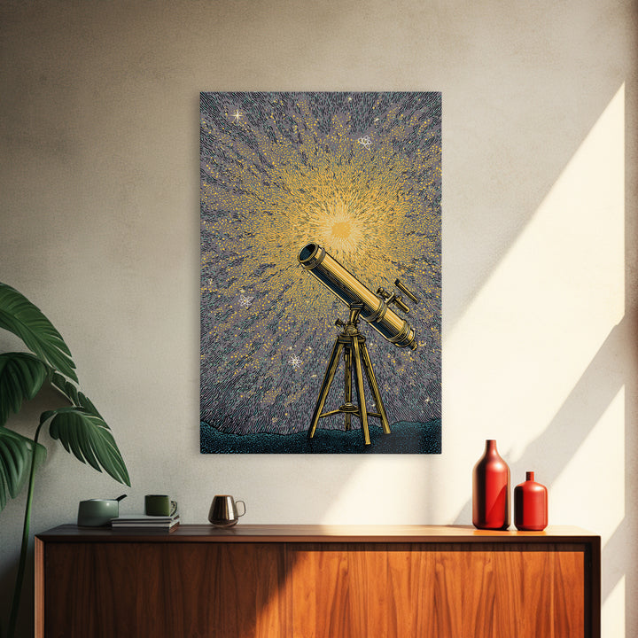 Golden Starburst Telescope Canvas Print, Mid Century Modern Astronomy Poster, Retro Space Wall Decor, Statement Office Art