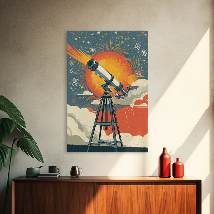 Giant Sun Telescope Wall Art, Mid Century Modern Space Poster, Colorful Atomic Astronomy Print, Retro Office Decor Gift Idea