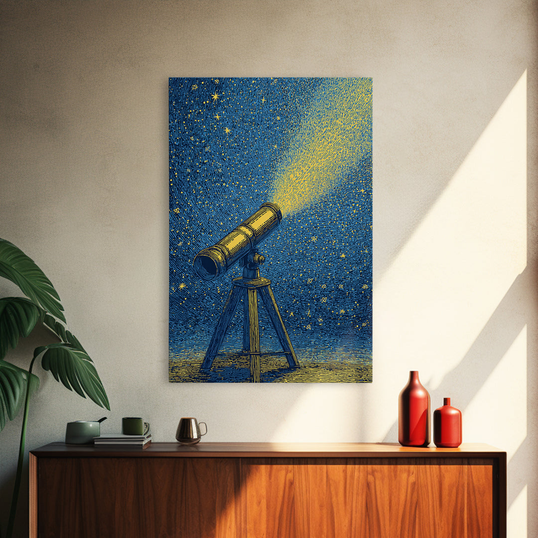 Blue Night Telescope Canvas Print, Mid Century Modern Astronomy Poster, Starry Space Wall Decor, Retro Science Gift For Him