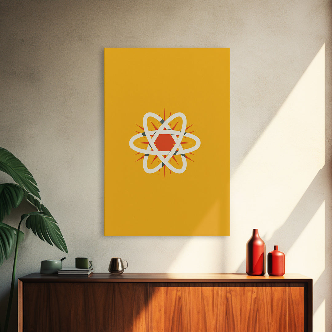 Minimal Atomic Symbol Canvas Print, Mid Century Modern Science Poster, Yellow Orange Geometric Wall Decor, Retro Lab Art