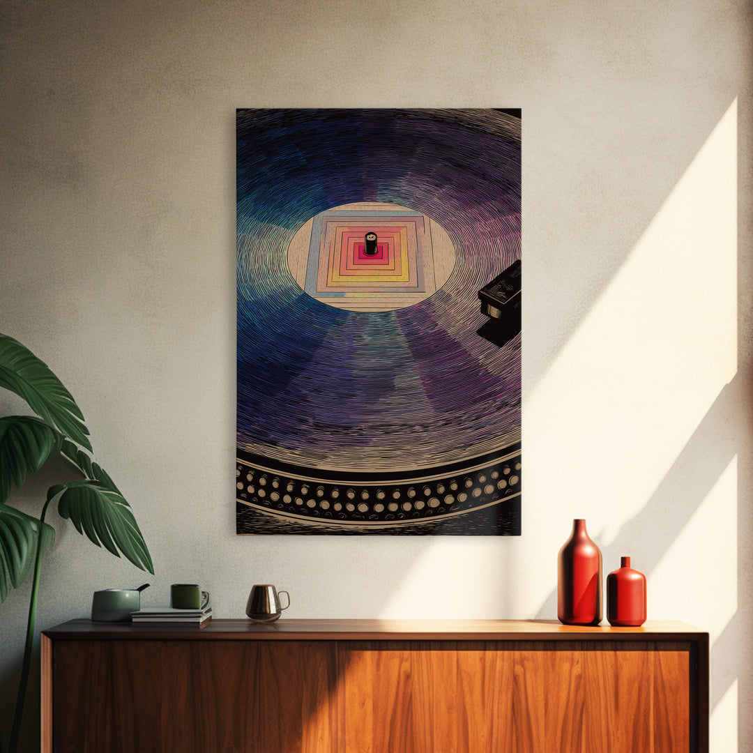 Square Label Vinyl Record Framed Canvas Print, Modern Abstract Wall Art, Retro Turntable Poster, Blue Purple Music Decor