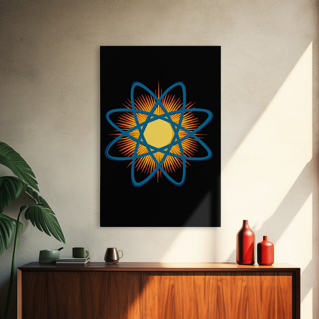 Blue Atomic Orbit Sunburst Wall Art, Midcentury Modern Science Poster, Retro Space Decor, Geometric MCM Art Print For Office