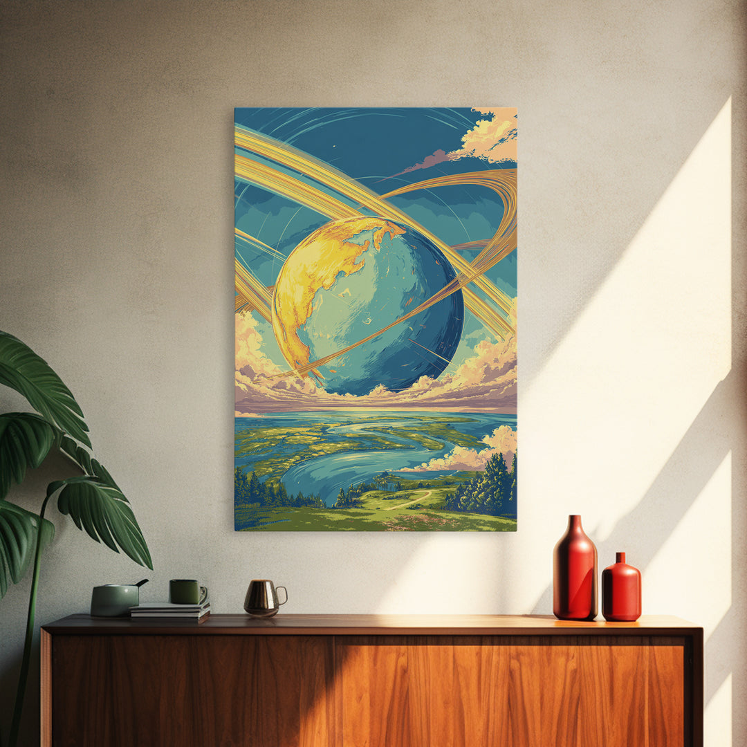 Dreamy Ringed Earth Landscape Wall Art, Retro Futuristic Travel Poster, Colorful Modern Space Decor, Scenic Canvas Print